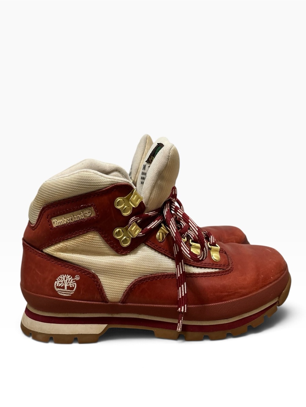 Vintage Timberland Red Leather Canvas Hiking Boots Gold Hardware Sz 9M - Picture 4 of 6